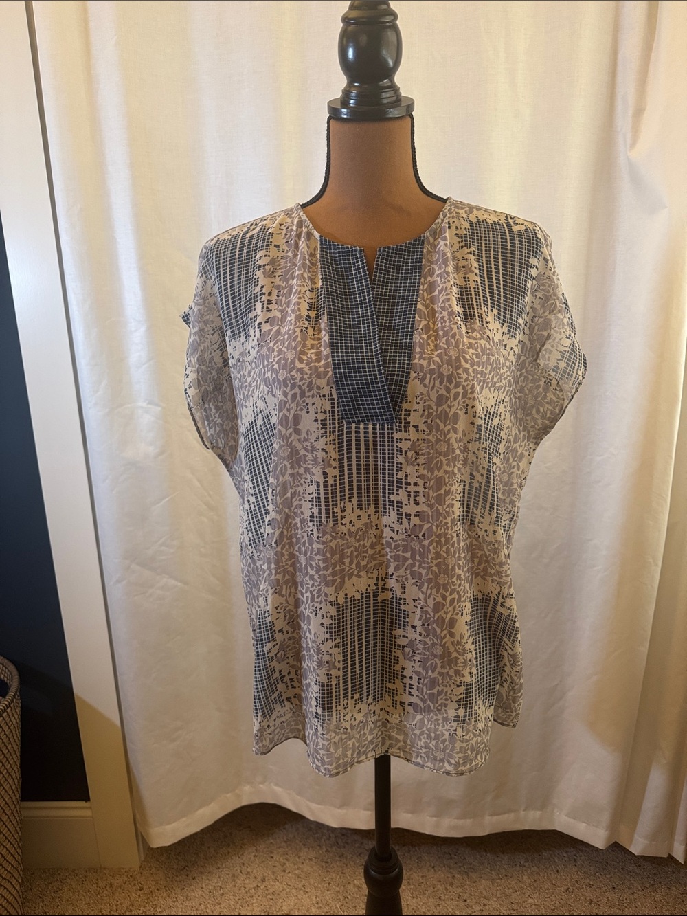 CAbi Cream and Blue Mixed-Print Split-Neck Blouse